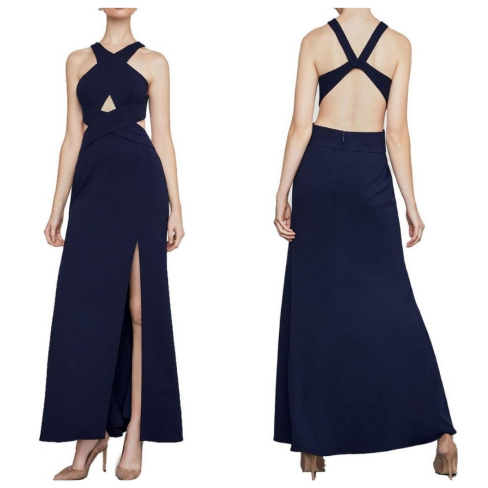 NEW BCBGMAXAZRIA Salome Navy Blue Halter Cross Front Slit Evening Gown Dress